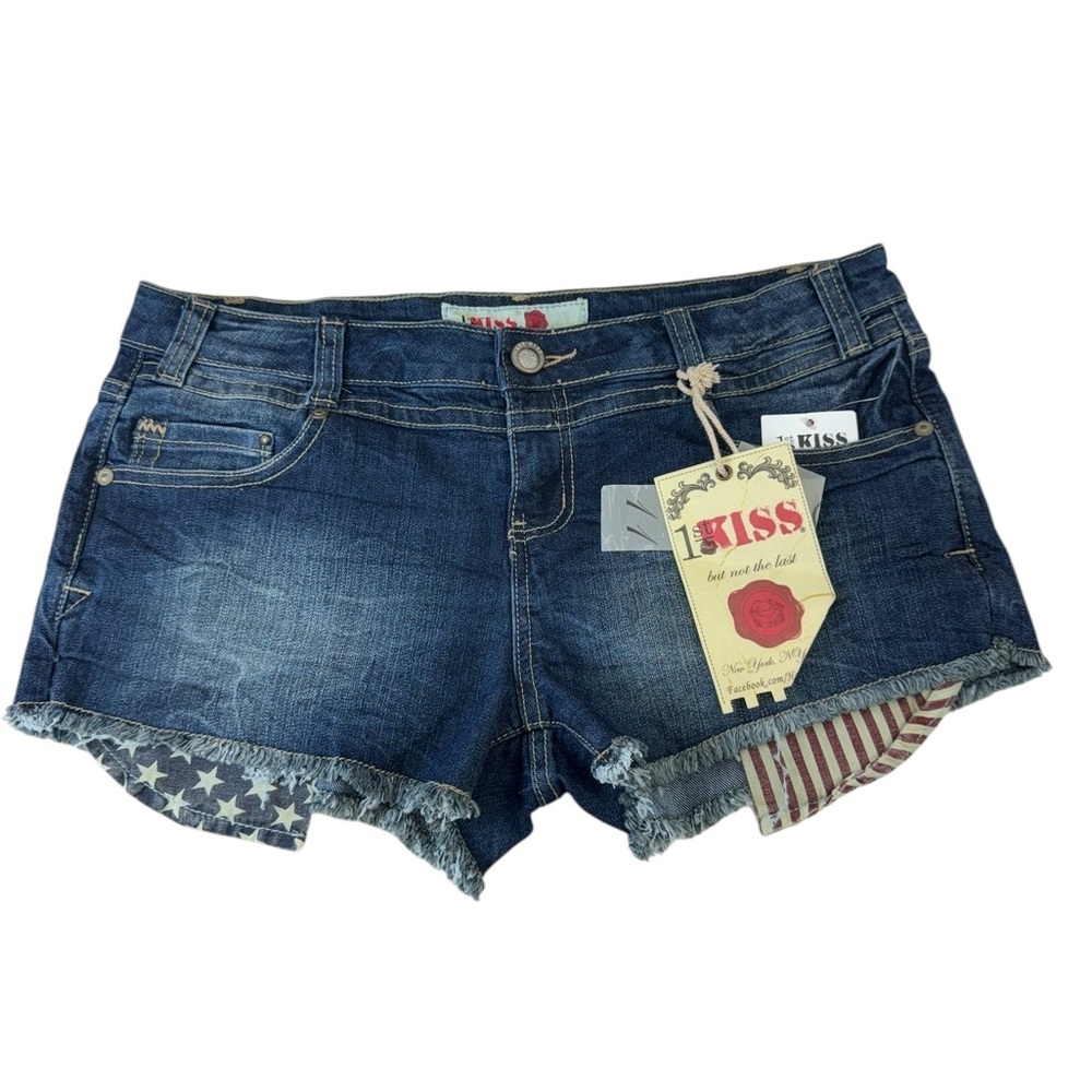 1 ST KISS . Blue Jean Shorts with Frayed Hem and Distressed Look